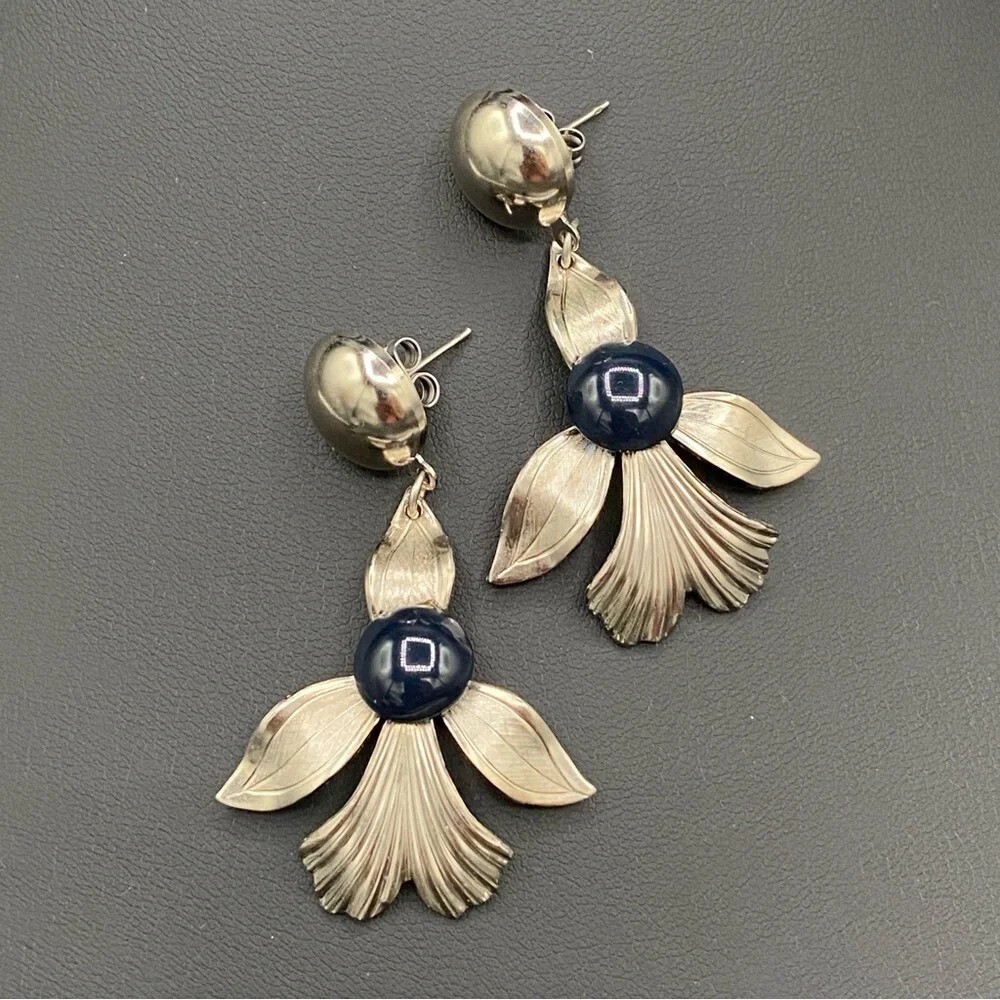 Vintage Fleur De Lis Steel Tin Drop Earrings with Navy accent